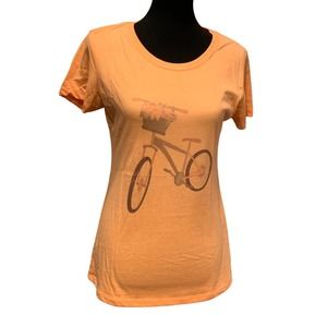 New Hand Printed Womens Medium Vintage Bicycle Flower Basket Cotton Blend Tee